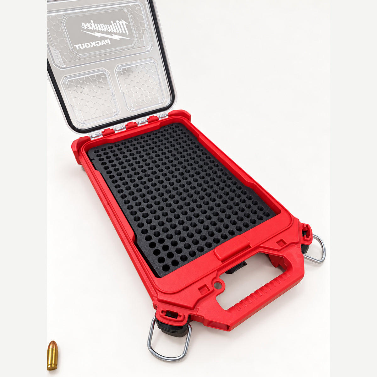 Angled view of the RangeRack 9mm Ammo insert and open PACKOUT organizer.