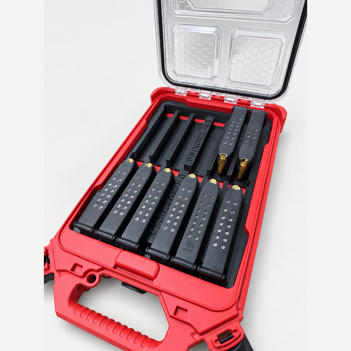 RangeRack Glock insert holding standard and extended double-stack 9mm magazines.