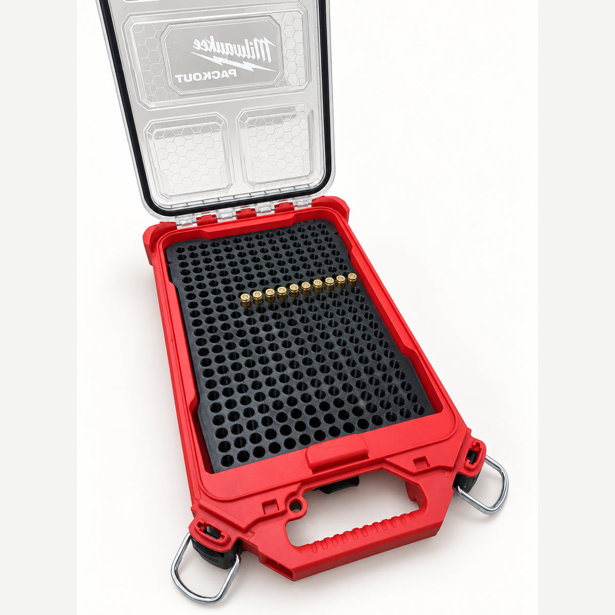 RangeRack 9mm Ammo insert inside an open PACKOUT organizer with a partial row of cartridges.