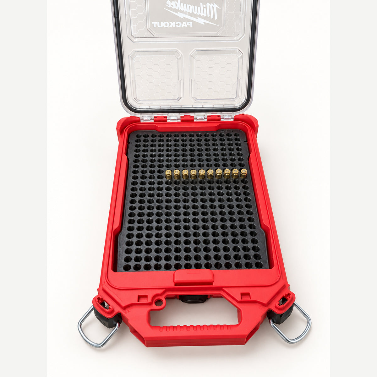Top view of a RangeRack 9mm Ammo insert with a partial row of 9mm cartridges.