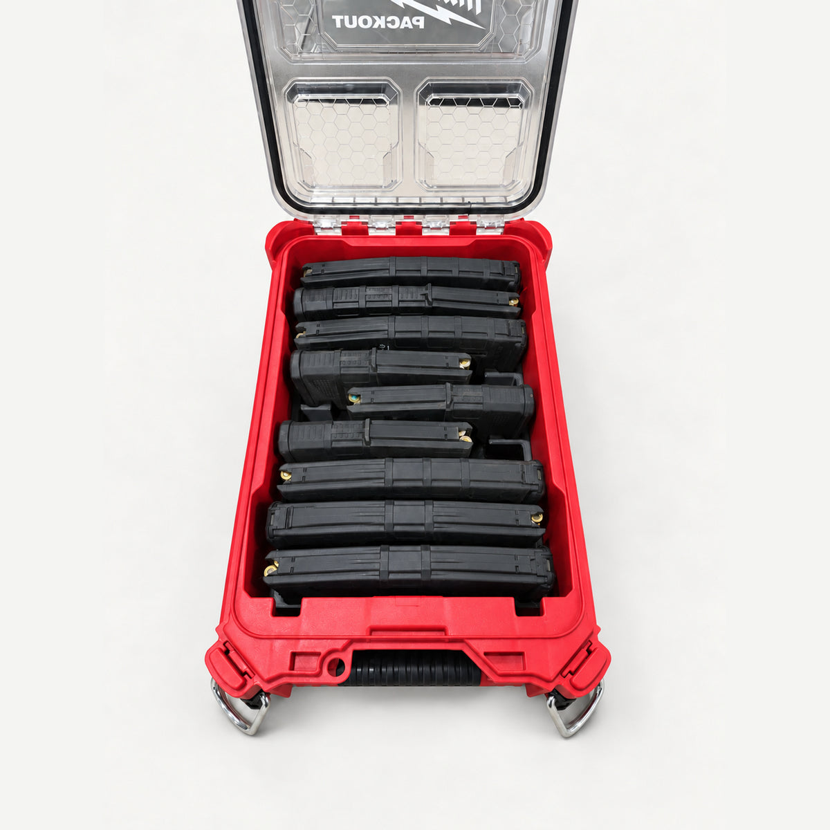 RangeRack AR15 insert loaded with PMAG magazines in a Milwaukee PACKOUT Compact Organizer.