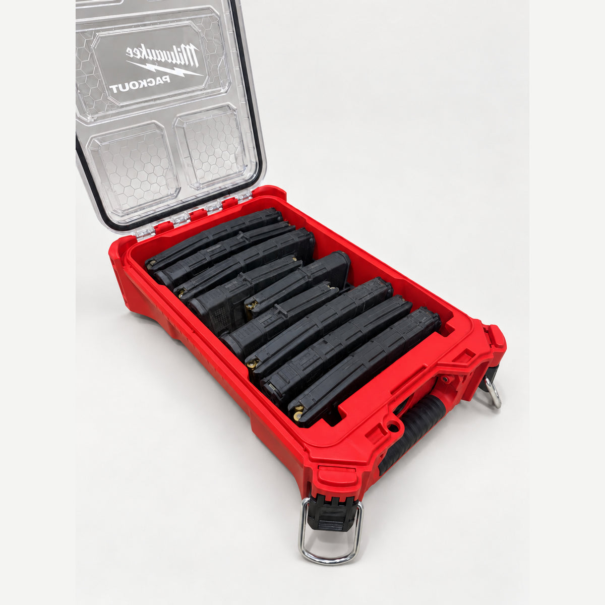 Angled view of PMAG magazines organized in the RangeRack AR15 insert.