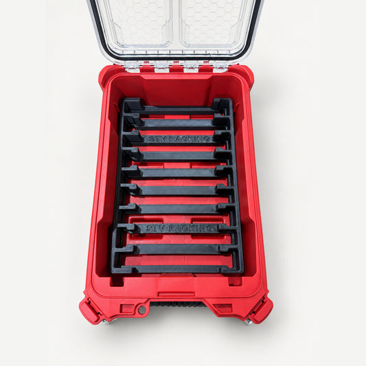 Empty RangeRack AR15 insert inside an open Milwaukee PACKOUT Compact Organizer, top view.